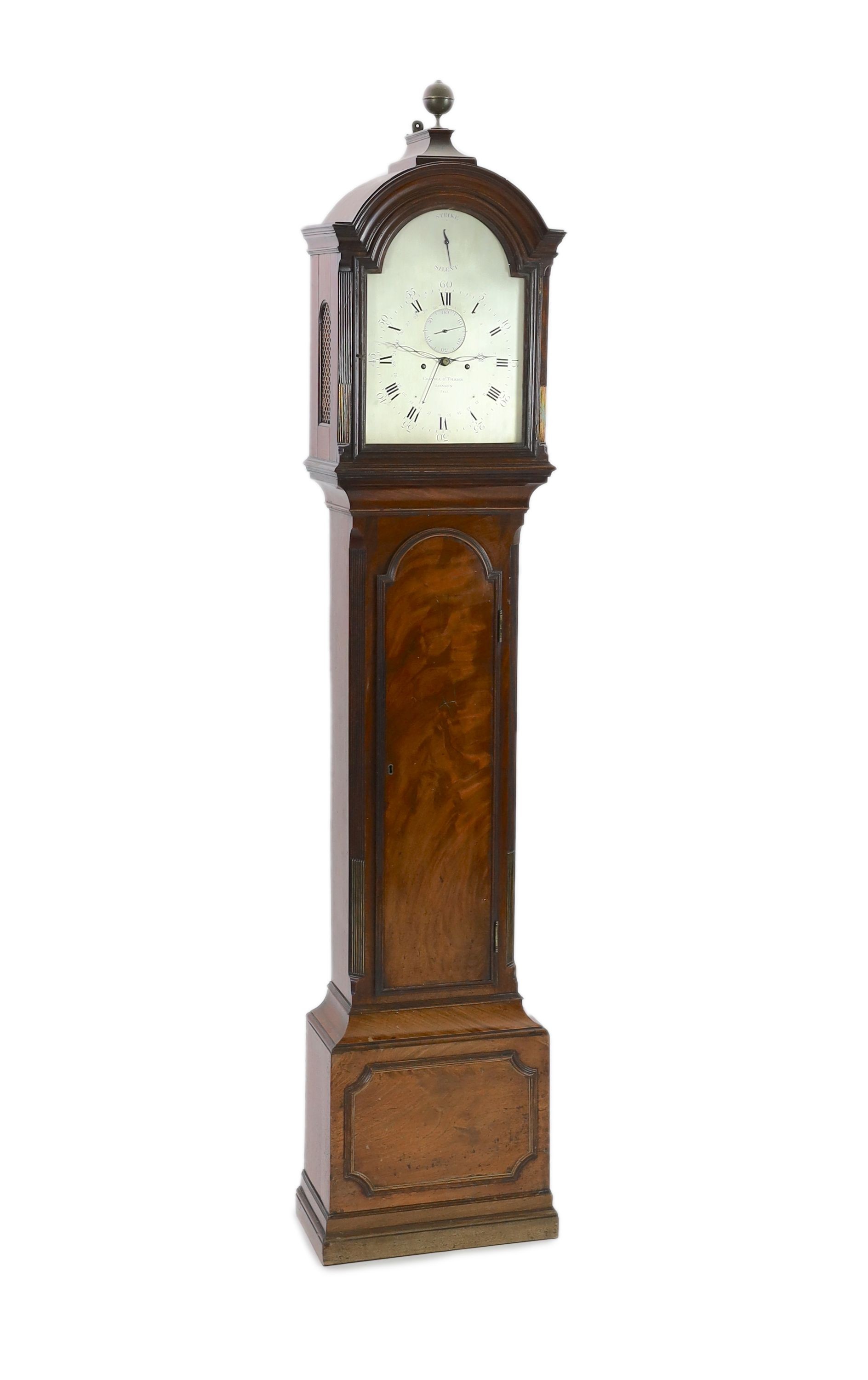 Gravell & Tolkien of London. A George III mahogany eight day domestic regulator, W.48cm H.220cm